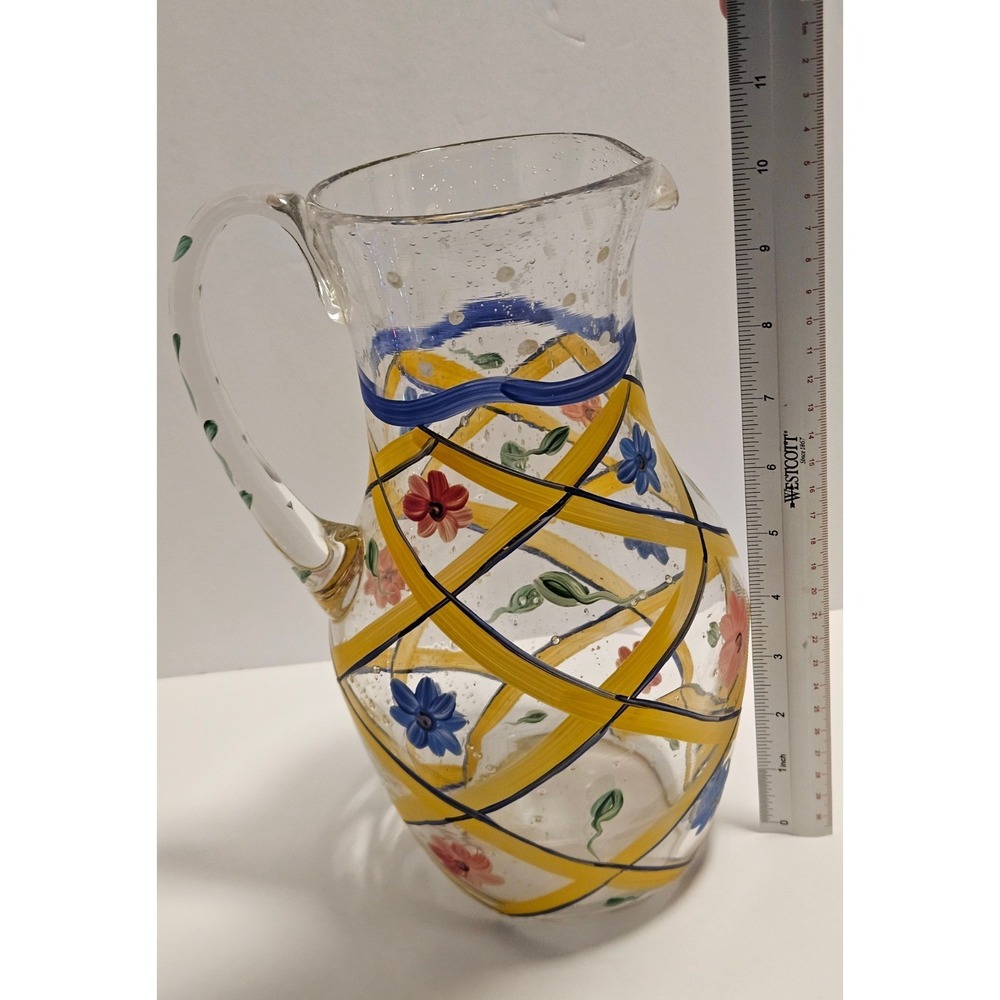 Glass Pitcher Yellow Floral Lattice Design 11" Vintage Hand Blown Painted - Picture 9 of 9